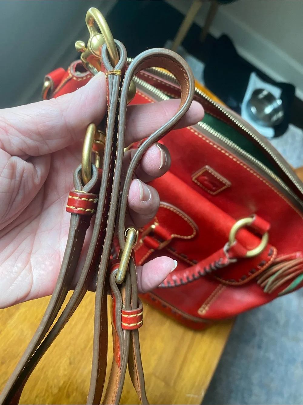 Dooney & Bourke Florentine Janine Red Leather Satchel Whip Stitching Top Handles